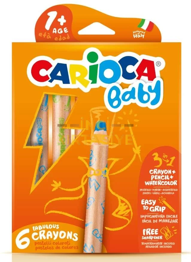 CARİOCA JUMBO BEBEK AHŞAP GÖVDELİ BOYA KALEMİ 3 IN 1 6'LI KALEMTRAŞ HEDİYELİ 1+ YAŞ