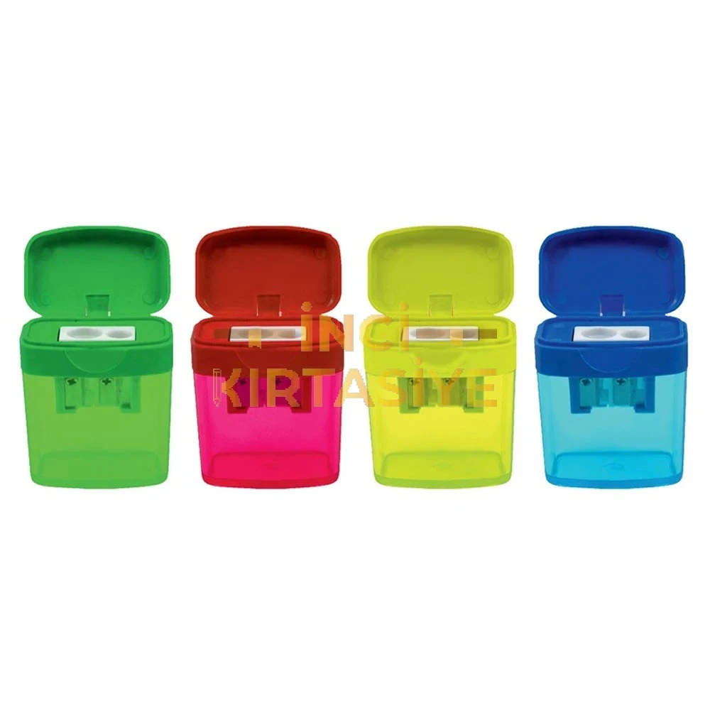 BU-BU ŞEFFAF DİKDÖRTGEN KALEMTRAŞ ÇİFT DELİKLİ HAZNELİ (4 RENK)