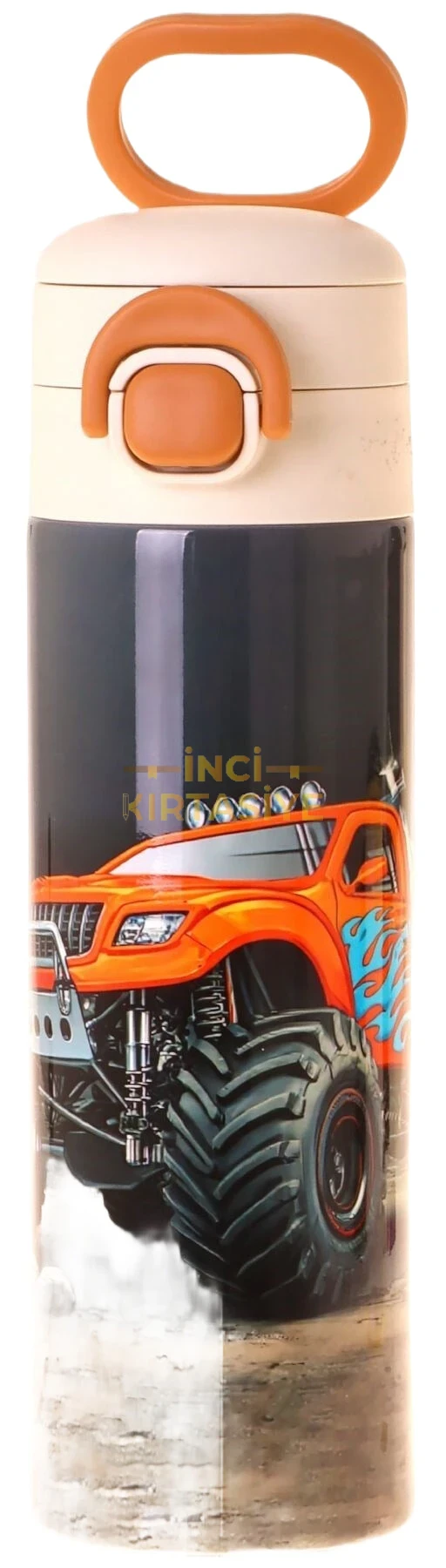 KAUKKO KİDS 520 ML ARAZİ ARACI BASKILI SİYAH - KIRMIZI ERKEK ÇOCUK ÇELİK TERMOS MATARA
