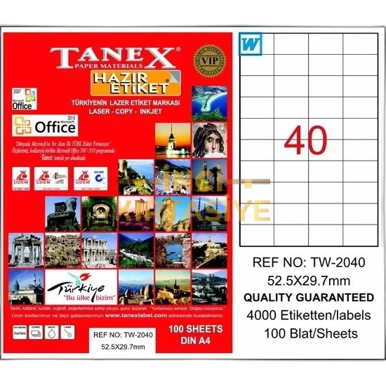 TANEX TW-2040 52,5X29,7 MM LASER ETİKET 100 AD.