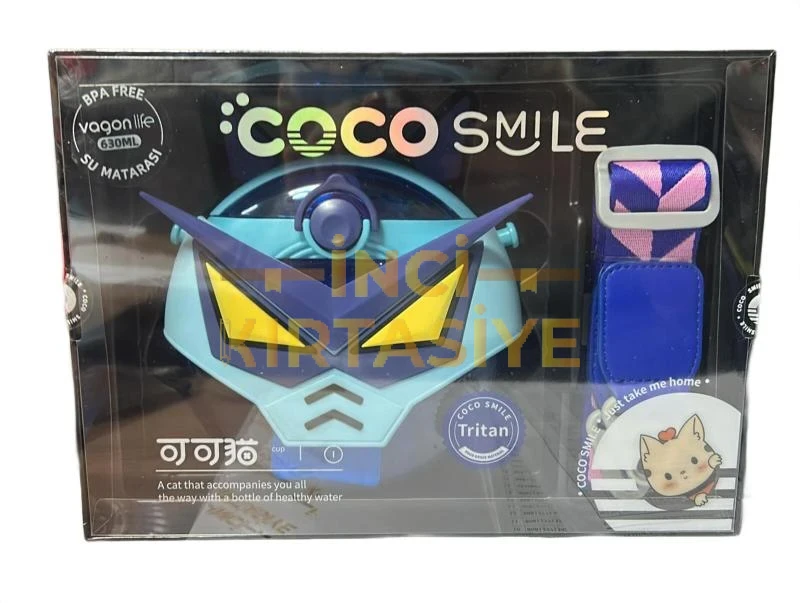 COCO SMİLE ÖZEL KUTULU 630 ML PİPETLİ ROBOT TEMALI TRİTAN SU MATARASI MAVİ