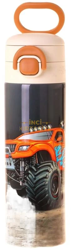 KAUKKO KİDS 520 ML ARAZİ ARACI BASKILI SİYAH - KIRMIZI ERKEK ÇOCUK ÇELİK TERMOS MATARA