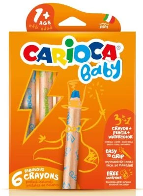 CARİOCA JUMBO BEBEK AHŞAP GÖVDELİ BOYA KALEMİ 3 IN 1 6'LI KALEMTRAŞ HEDİYELİ 1+ YAŞ