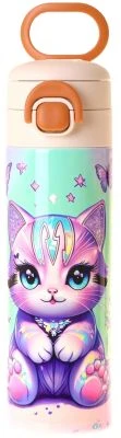 KAUKKO KİDS 520 ML MOR KEDİ DESENLİ YEŞİL - MOR KIZ ÇOCUK ÇELİK TERMOS MATARA