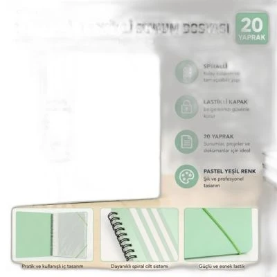NOKİ SPİRALLİ LASTİKLİ SUNUM DOSYASI 20 YAPRAK PASTEL YEŞİL