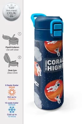 CORAL HİGH KİDS LACİVERT MAVİ ASTRONOT DESENLİ PİPETLİ VE DİREKT İÇİM ÇELİK TERMOS 500 ML